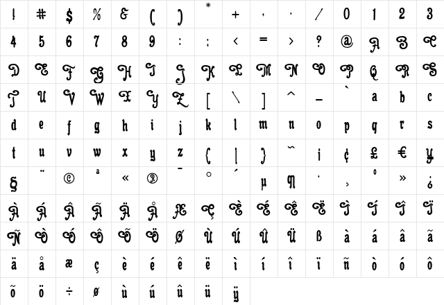 Cacao Plain Swashes Regular  glyph index