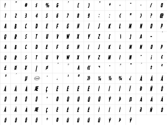 Ghoulish Intent Condensed Italic Condensed Italic  glyph index