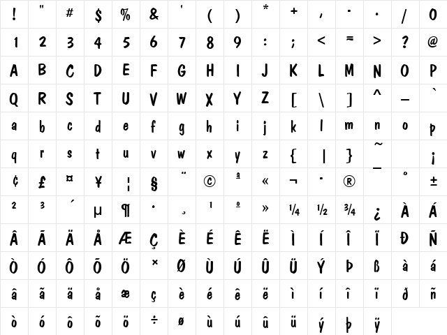 DomCasual Becker Regular  glyph index