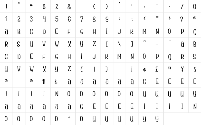 Berila PERSONAL USE Regular  glyph index