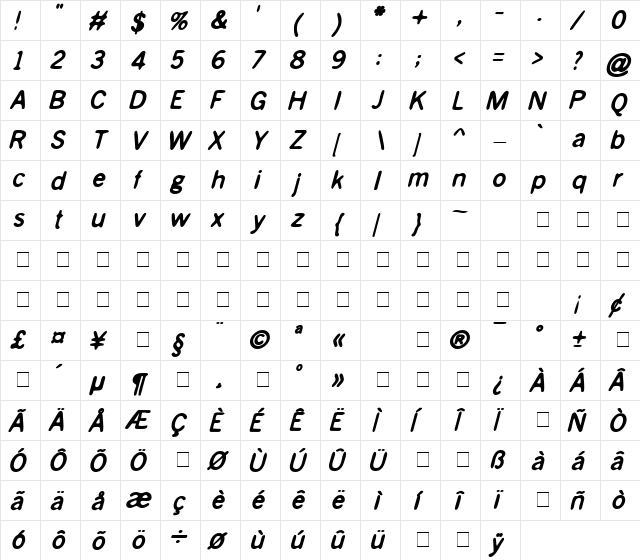 BlueBond-Oblique Regular  glyph index