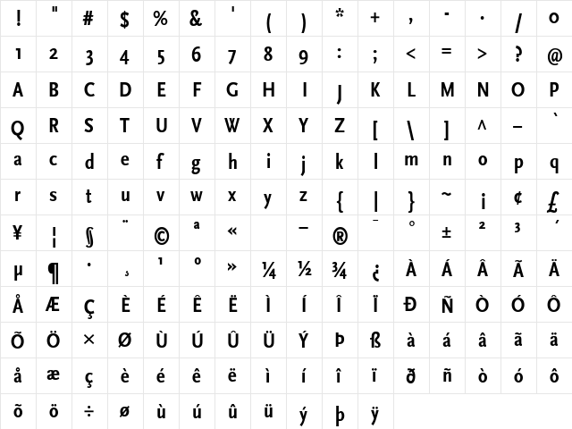 ScalaSans BoldCn  glyph index