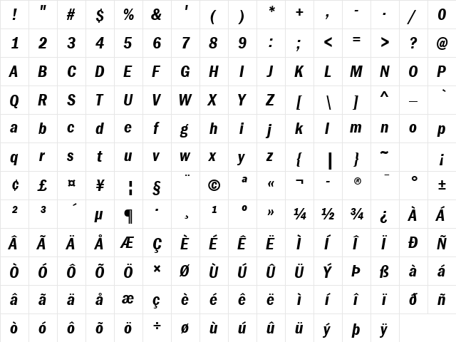 ITC Franklin Gothic LT Com Demi Condensed Italic  glyph index