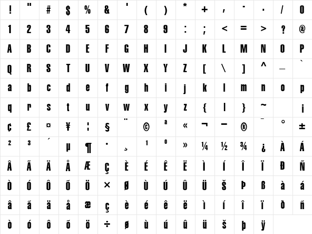 CorporateCompressedExtra Regular  glyph index