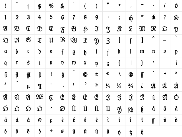 Kabinett-Fraktur DemiBold  glyph index