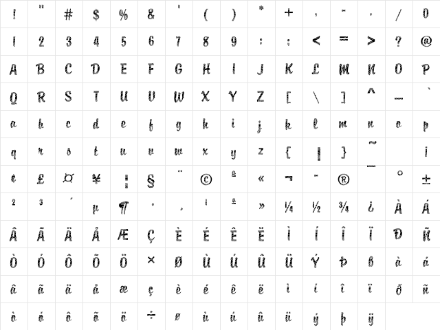 Brody26 Becker Regular  glyph index