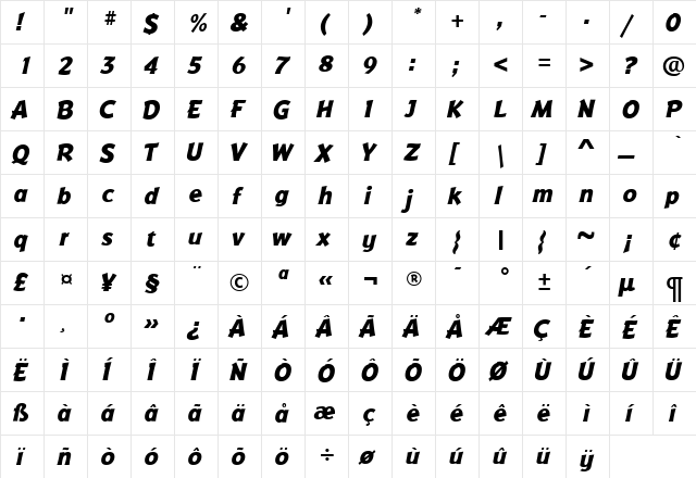 BadgerExtraBoldItalic Roman  glyph index