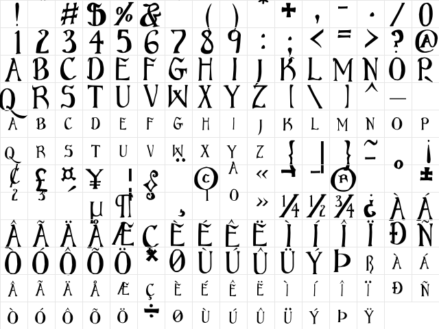 Bruce Regular  glyph index