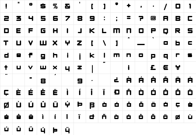 DBXLNightfever ExtraWide  glyph index