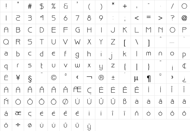 Billuy Regular  glyph index