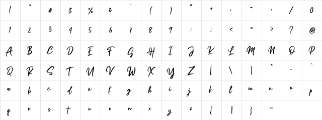 Justtafe Regular  glyph index