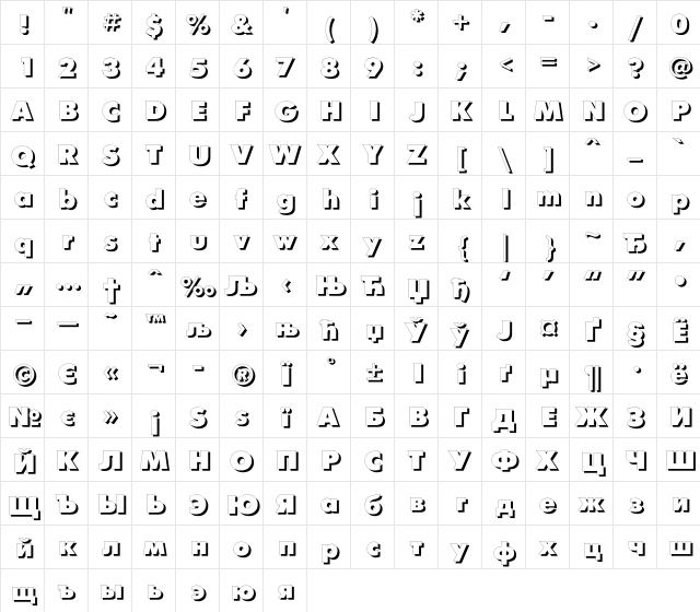 FuturisXShadowC Regular  glyph index