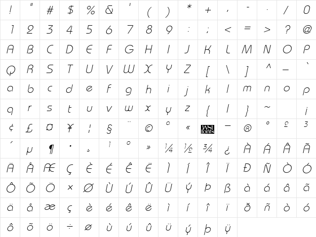 BordeauxLight Italic  glyph index