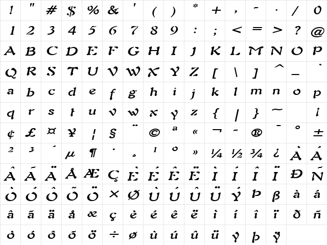 Freedom 9 Wide BoldItalic  glyph index