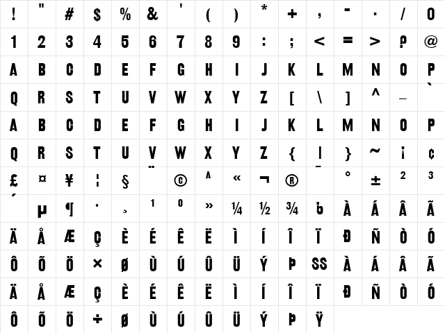 RailroadGothic Regular  glyph index