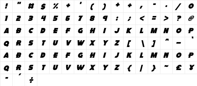 Pink Rocket Italic  glyph index