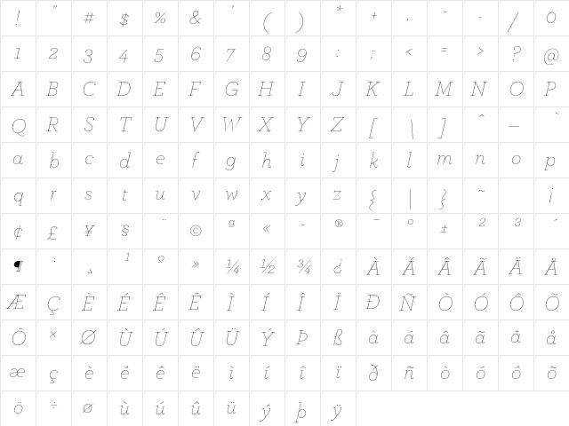 ArcherPro Thin Italic  glyph index