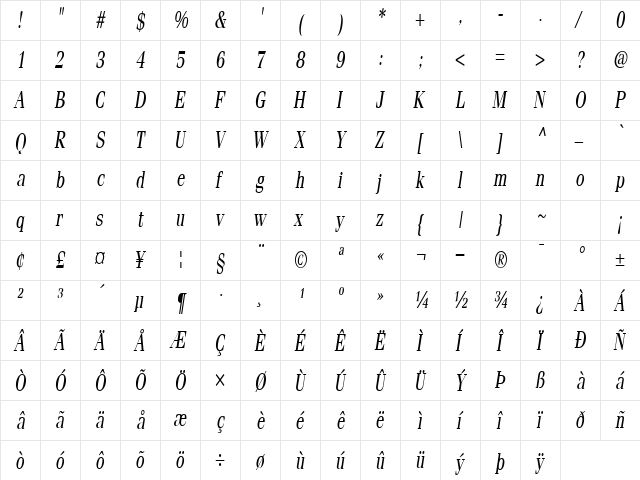 FeliciaCondensed Italic  glyph index