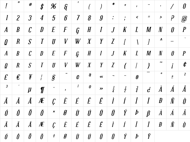 Covington SC Bold Italic  glyph index