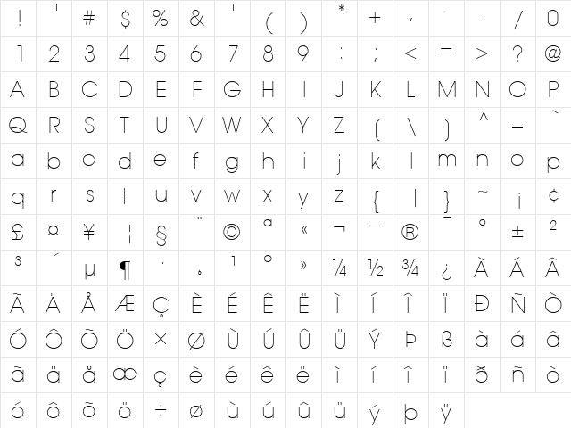 ITCAvantGardeGothic-ExtraLight Extra Light  glyph index