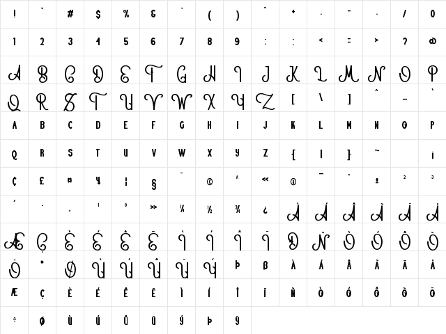 Former Broston Regular  glyph index