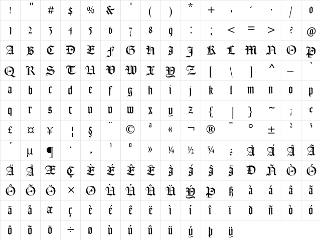 Goudy Text MT Regular  glyph index