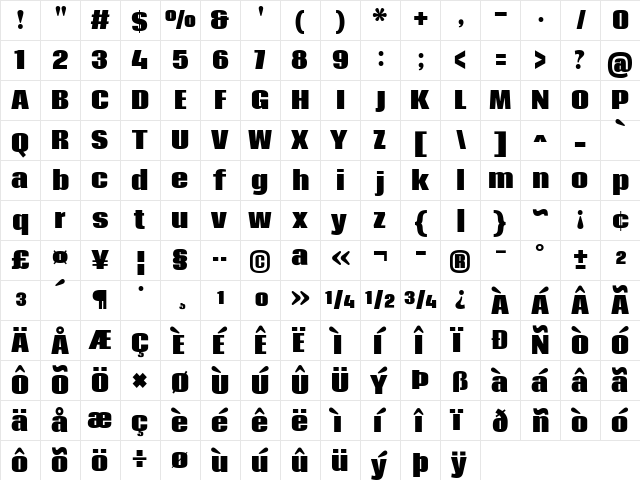 Coda Heavy  glyph index