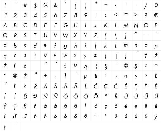 FuturaTEE Italic  glyph index