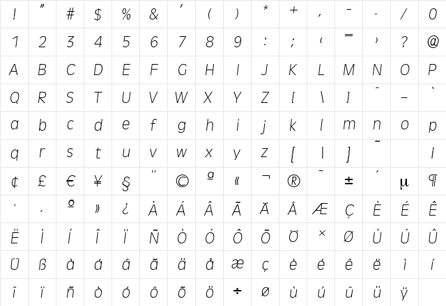 RavennaSerial-Xlight Italic  glyph index