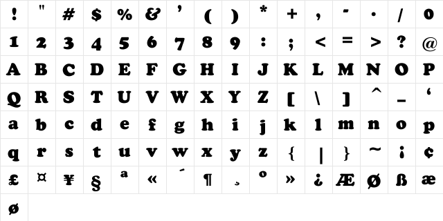 Cooper Black Regular  glyph index