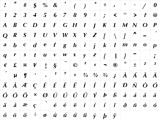 Optimum Bold Italic  glyph index