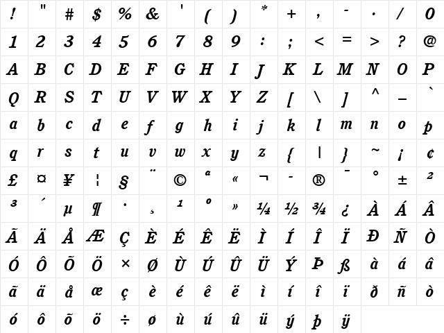 Cushing LT Book Bold Italic  glyph index