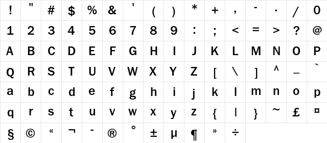 FranklinGothicMediumC Regular  glyph index