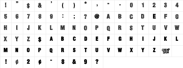 CheapSign Regular  glyph index