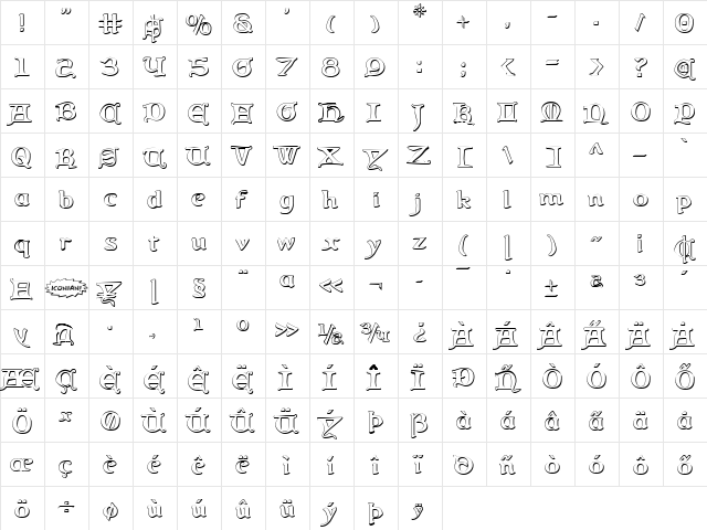 Queen & Country 3D Regular  glyph index