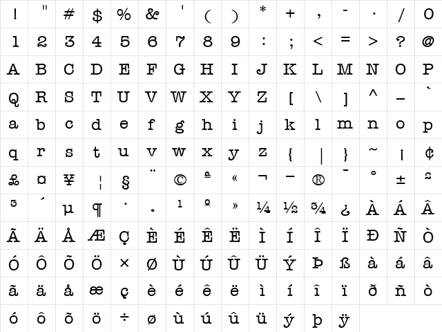 ITCAmericanTypewriter-Medium Medium  glyph index