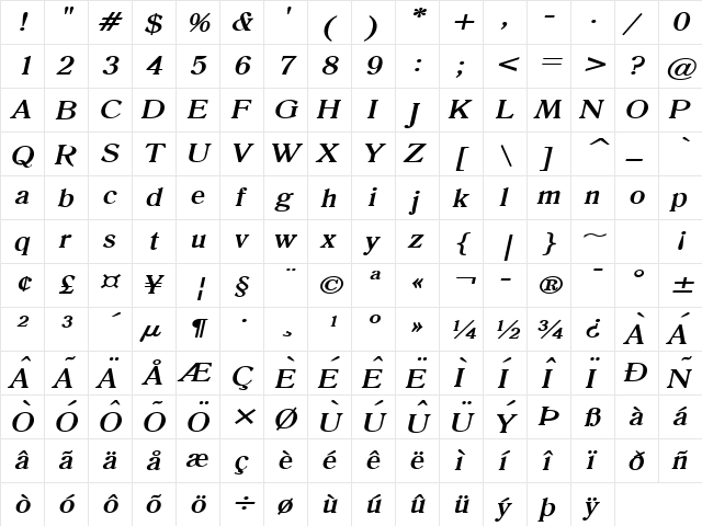 Roomy Wide BoldItalic  glyph index