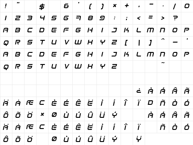 Space Frigate Italic  glyph index