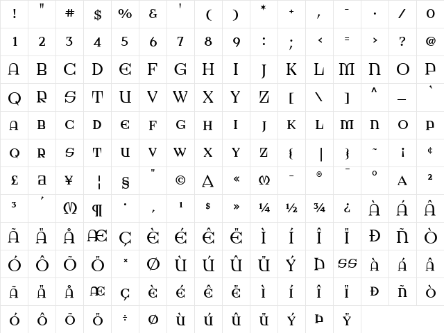 VerandaPosterSG Regular  glyph index
