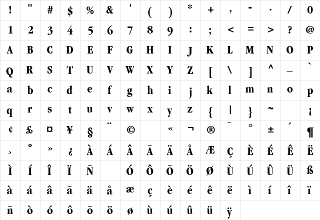 GaramondBlackCondSSK Regular  glyph index
