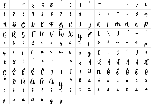 Moleska Regular  glyph index