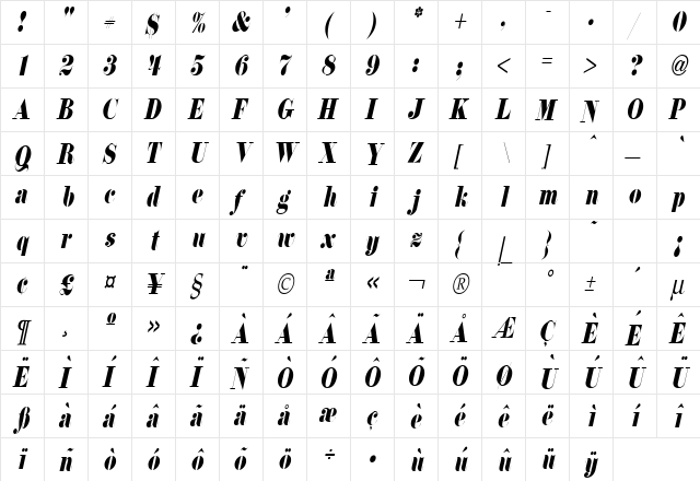 Floral Condensed Italic  glyph index