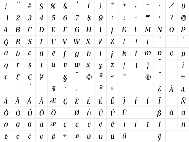NashvilleAntique Italic  glyph index