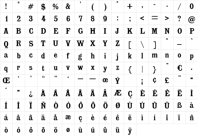 QuantumBoldCondensed Regular  glyph index
