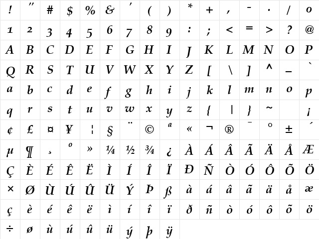 Palatino OsF Bold Italic  glyph index