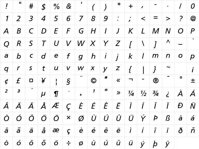 Frutiger LT Std 56 Italic  glyph index