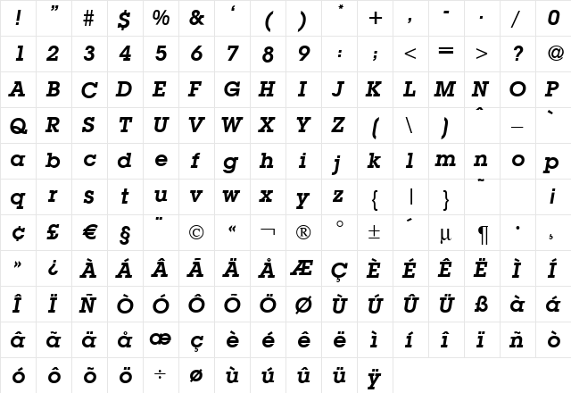 L850-Slab BoldItalic  glyph index