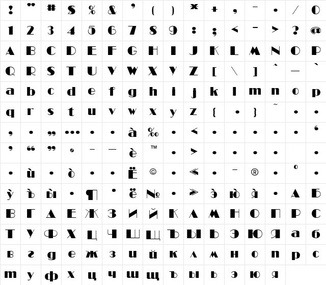 ManhattanCyr Bold  glyph index