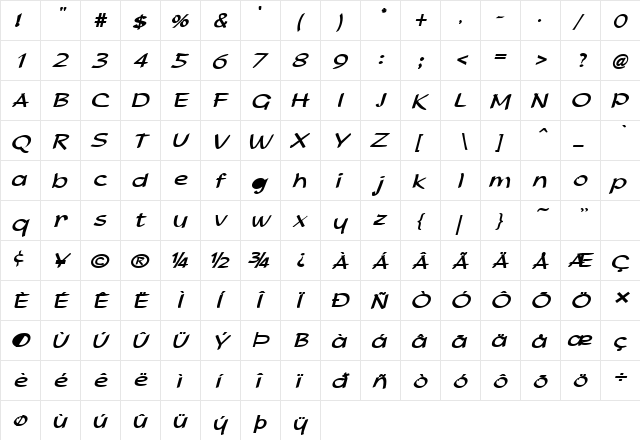 Parson-Extended Bold Italic  glyph index