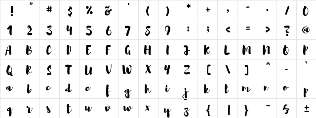Brusher Regular  glyph index